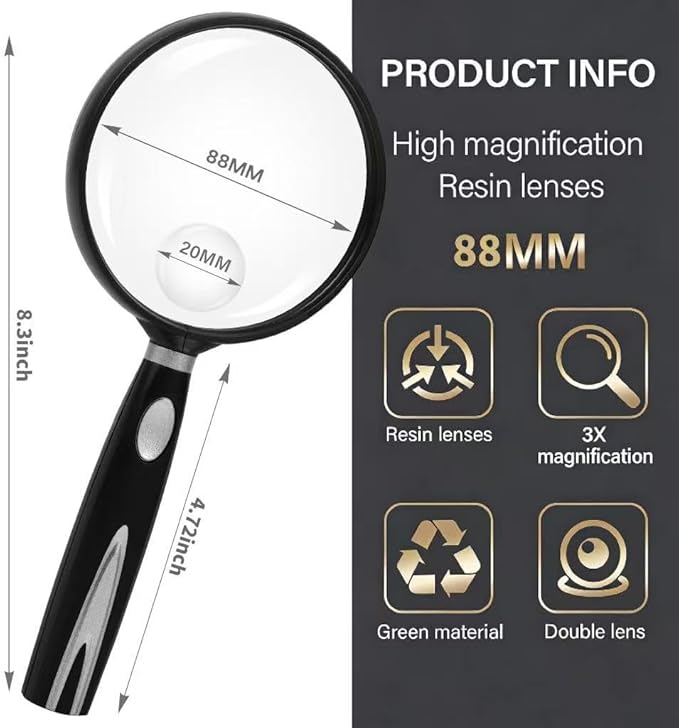 Feosky Handheld Reading Magnifier, Magnifier, 90mm Shatterproof Lens, Non-Slip Handle for Adults Close Work, Seniors Reading and Nature Exploration, Hobby Observation(Silver)