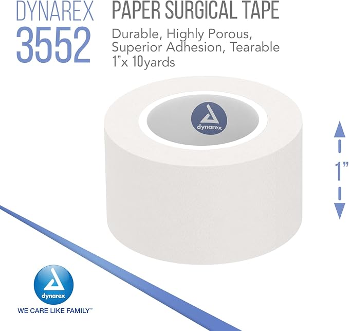 Dynarex Paper Surgical Tape, Use to Secure Wound Care with Medical Gauze, Dressings, and Non-Adherent Pads, First-Aid Kit Essential, White, 1” x 10 yds, 1 Box of 12 Rolls of Paper Surgical Tape