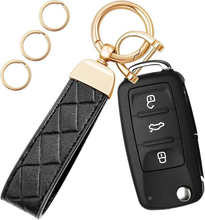 OHKYOOT Leather Car Keychain for Home Car Keys | Carabiner Clip Key Fob Keychain for Women Men,Car Key Holder with 3 Key Ring and Anti-Lost D Ring
