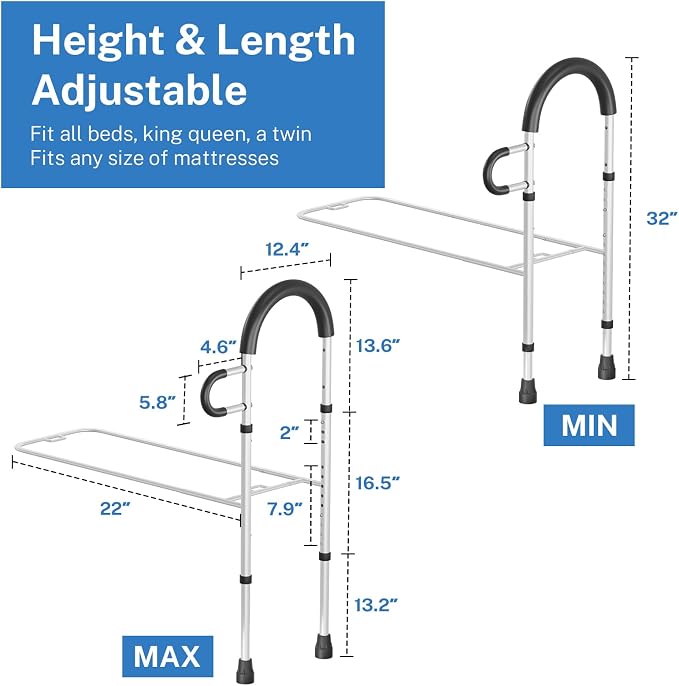 Bed Rails for Elderly Adults Safety: Side Assist Grab Bar Handrails for Seniors with Dual Handle Rails & Storage Bag - Adjustable Bed Cane Portable Bedside Railing - Fits Twin Full Queen King White