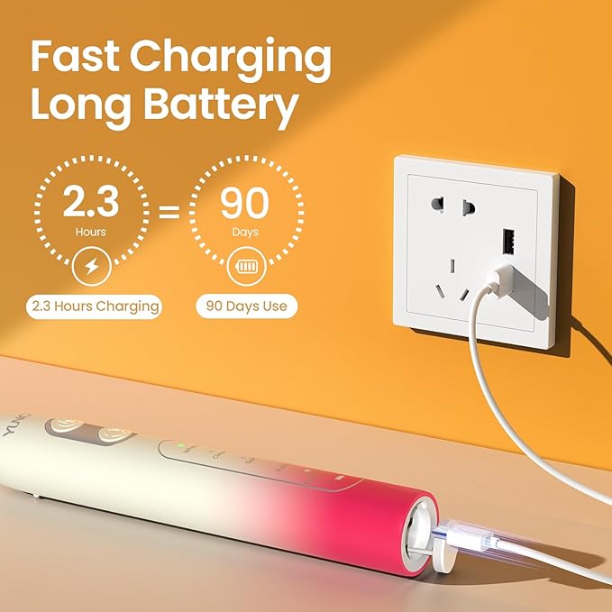 YUNCHI Electric Toothbrush Birthday/Valentine Plastic 8 Dupont Heads 24-Mo Deep Cleans Gentle Gums Removes Stains 3Hr USB-C 90d 2-Min Timer/30s IPX7 - Yellow Red