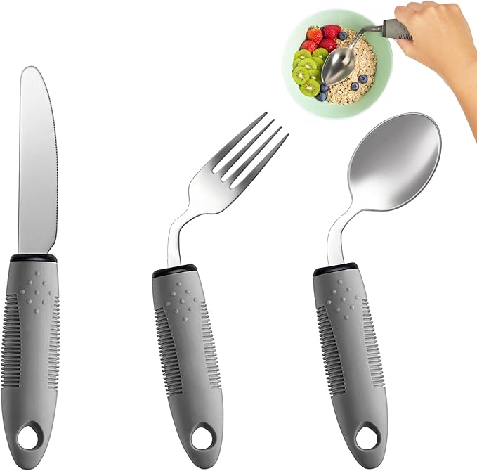 3-Piece Adaptive Utensils Set - 42° Angled Parkinsons Utensils, 2.5 oz Weighted Utensils for Tremors and Parkinsons Patients, Easy Grip Weighted Silverware for Hand Tremors (Left-Handed)