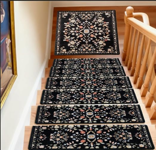 RORA Stair Treads Landing Mat, 30x30 Stair Landing Rug for Indoor | Non-Slip, Washable, For Wooden Steps, Floral Design, Stair Rugs Mat for Pets, Black