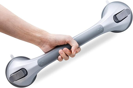LEVERLOC Grab Bars for Bathtubs and Showers, Shower Handle 17 Inch Strong Suction Bath Handrails, Safety Grip for Bathroom Chair, Bathroom Grab Bar for Senior No Drilling Waterproof,Silver