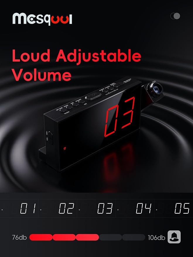 Mesqool Projection Alarm Clock with Bed Shaker, 7" LED Display, 180° Projector, 5-Level Dimmer, USB Phone Charger, Battery Backup, Loud Vibrating Alarm Clock for Heavy Sleepers, Snooze, DST