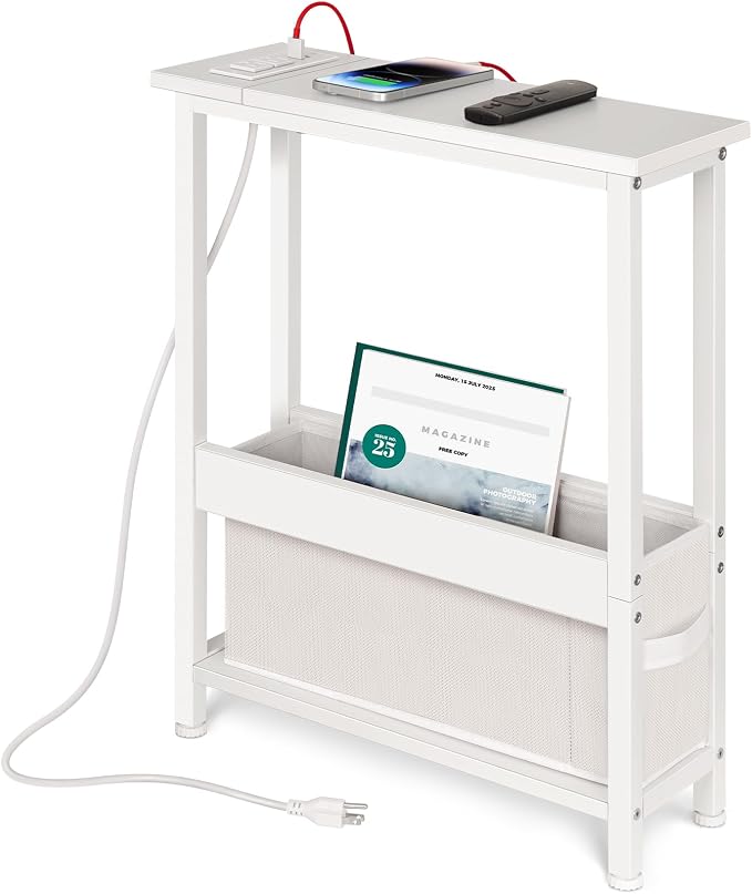 BAMGROW Slim Charging End Table with Storage - for Small Spaces and Bedroom (White)