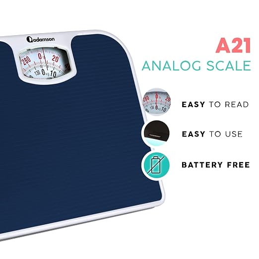Adamson A21 Analog Scales for Body Weight - Up to 300 LB - New - Anti-Skid Rubber Surface - Large Numbers - Analog Bathroom Scale - Affordable - Durable with 20-Year Assurance - Blue