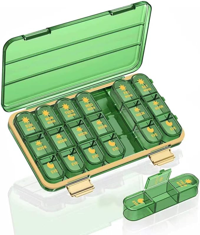 Pill Organizer 3X A Day, Weekly 7 Day Pill Box 3 Times A Day, Acedada Daily Travel Pill Case with 21 Compartments, Portable Medicine Organizer Container for Vitamin Fish Oil Supplement, Green