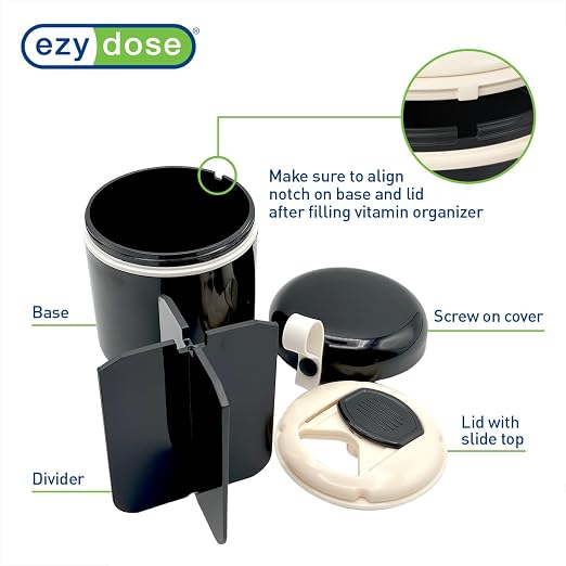 EZY DOSE Mini Pill Organizer, 4-Compartment Vitamin & Medication Case with Screw-Top Secure Seal + Sliding Dispenser, Compact Bottle-Replacement for Purse, Work, Cruise & Travel, Large, Black/Cream