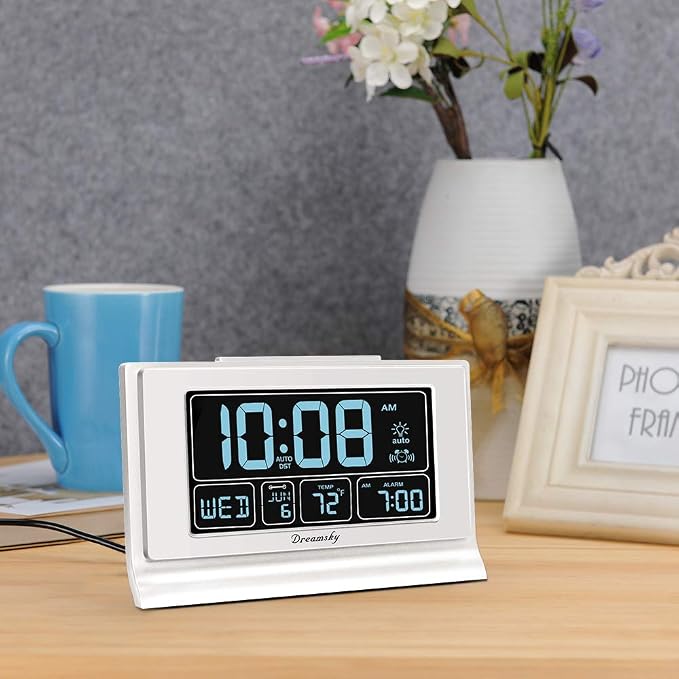 DreamSky Alarm Clocks for Bedrooms with Battery Backup, Auto Set | Digital Clock with Date & Day of Week, 5 Inch Large Display, Weekday, Temperature, USB Port, Auto DST, Brightness Dimmer