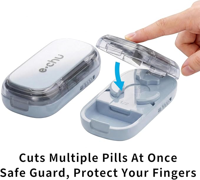 Pill Cutter Splitter for Small and Tiny Pills - Adjustable Pill Splitter with Centering Device for Cutting Multiple Pills, Accurate Alignment and Easy to Use, Storage Organizer (2Blue)