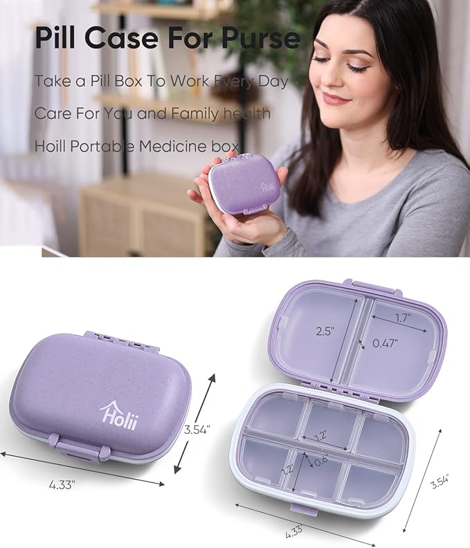 Holii Travel Pill Organizer, 8 Compartments Portable Pill Case, Daily Pill Box to Hold Vitamins, Small Pill Container for Pocket Purse Medicine Organizer（Purple）