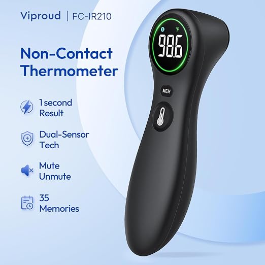 Viproud No-Touch Thermometer for Kids and Adults, 1-Second Reading, Black | Forehead & Object Mode, Fever Indicator, Large Clear LED, Silent Mode, Home Medical, Nurse Accessories, Lifetime Support