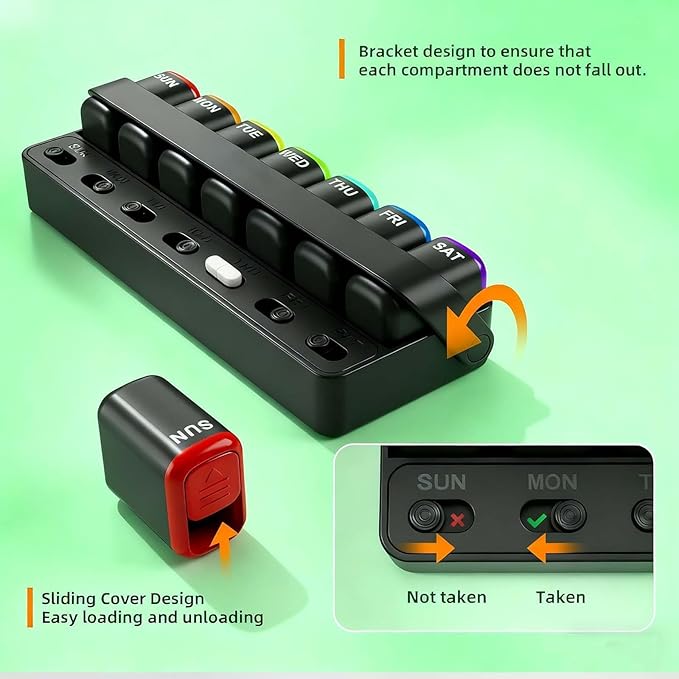 Weekly Pill Organizer, 7 Day Once a Day Pill Box with Visual Check Indicators, Detachable Travel Pill Case, Large Capacity Vitamin & Medicine Organizer (Black)