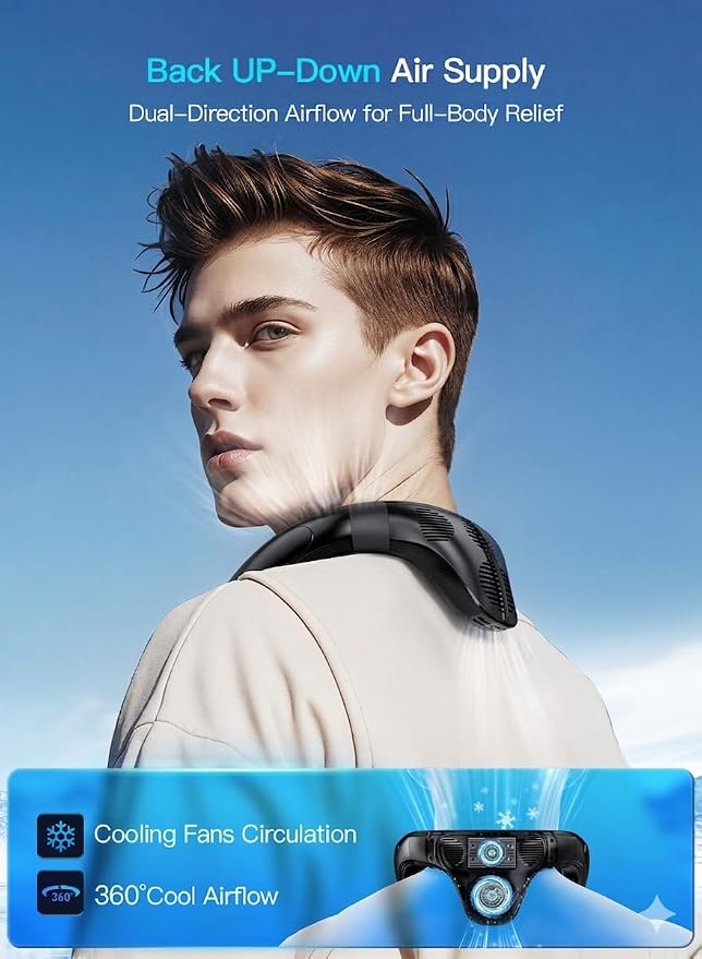 Neck Air Conditioner Portable, Upward & Downward Back Airflow, Large Cooling Plate & NTC Control, 6000mAh Bladeless Wearable Fan, 6 Speeds for Outdoor, Travel, Office, Golf
