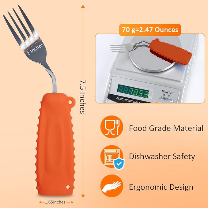 Adaptive Utensils,Weighted Utensils Angled Fork,for Tremors Parkinsons Limited or Weak Grasp Elderly,Lightweight Ergonomic Cutlery with Non-Slip Easy Grip Handles(Right Hand,Orange,Pack of 1)