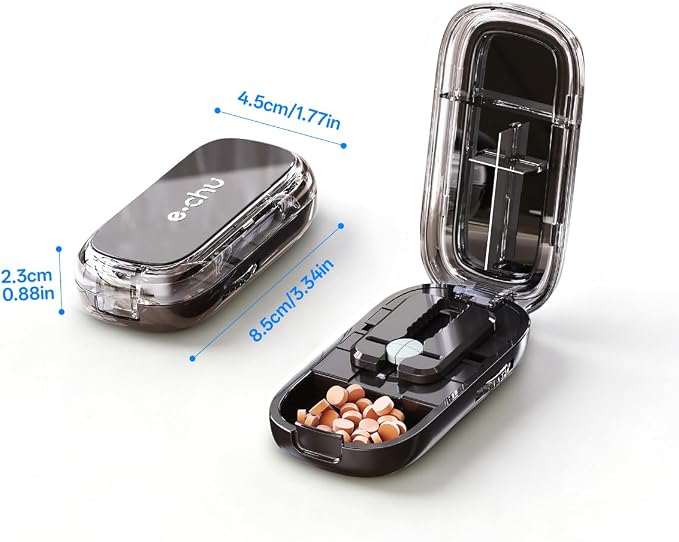 Pill Cutter Splitter for Small and Tiny Large Pills,Adjustable Pill Splitter Push-Button Cuts into 1/2, 1/3, 1/4，Comes with a Small Brush and a Medicine Storage Box (Black, 1/4 Tablet)