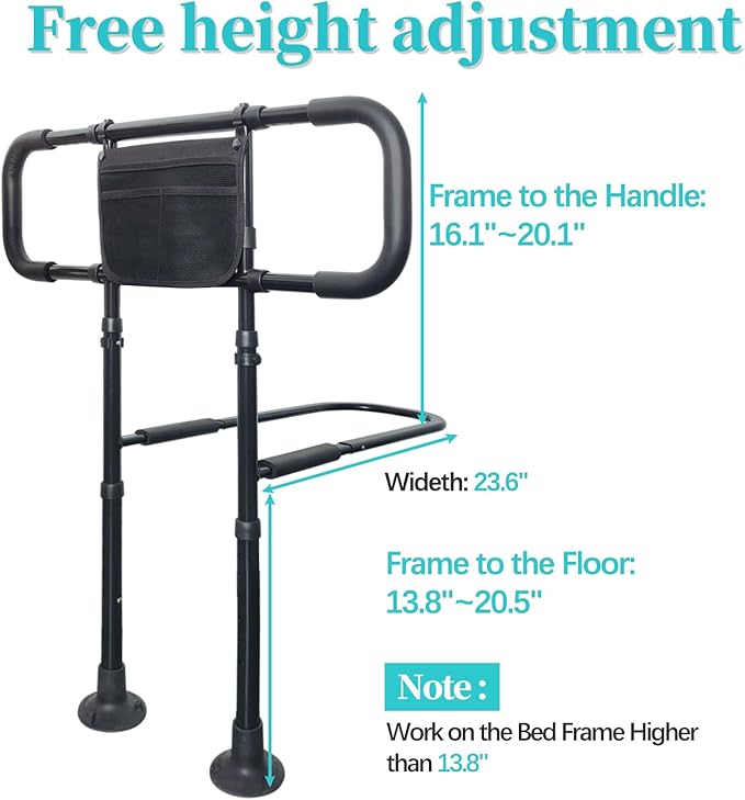 AOHHL Bed Rails for Elderly Adults Safety with Adjustable Heights Storage Pocket Assist Support Side Railings for Seniors Citizens Slides Under Mattressbed Cane Bed Guard Bed Handles Bars (Black)