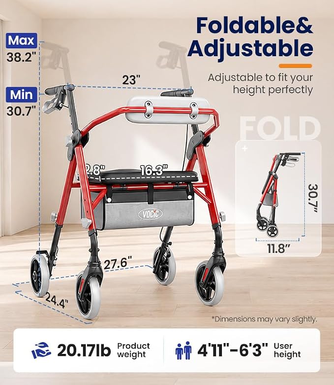 VOCIC Z11 Rollator Walkers for Seniors with Seat, 500 LBS Load, Ultra Wide | High-capacity support, 23" wide frame, ergonomic seat, dual brakes, and slim fold for home, shopping & daily walks, Red