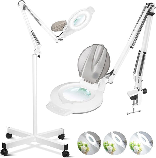 10X Magnifying Glass with Light and Stand, NUEYiO 2200 Lumen Stepless Dimmable Magnifying Floor Lamp, 2-in-1 Adjustable Metal Swing Arm Lighted Magnifier, Mag Lamp for Estheticians Crafts Facial