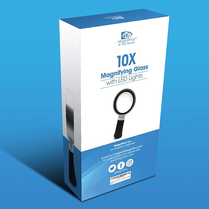 MagniPros Extra Large 10X Magnifying Glass with Detachable Lenses- 3 Color Modes with Self-Standing Non-Slip Ergonomic Handle for Hobbyists, AMD, Reading Fine Print, Seniors