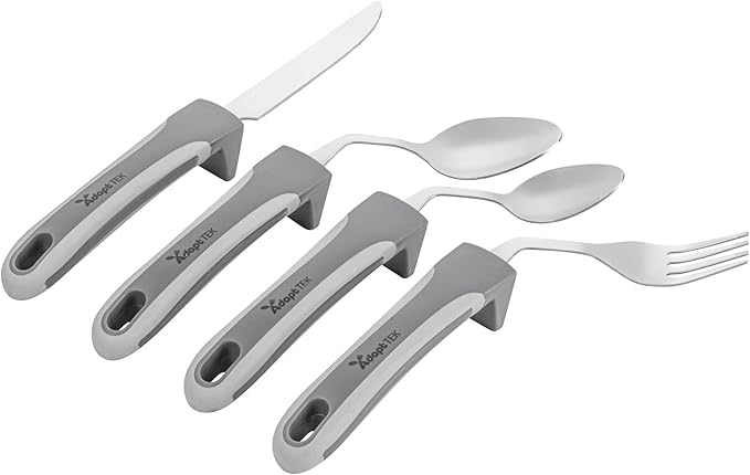 Restaurantware Adaptive Cutlery Set - 1 Set 9.84 x 5.12 x 1.57 Inches - Non-Slip Ergonomic Dining Utensils With Textured Handle - Stainless Steel Gray