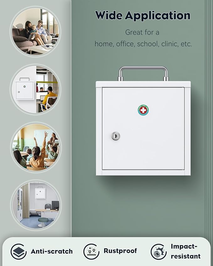 Uniclife Wall Mount Medicine Cabinet with Key Lock & Handle Locking First Aid Cabinet Lockable Medical Cabinet Lightweight Medium Medicine Organizer Secure Steel Wall Cabinet Metal Storage Box, White
