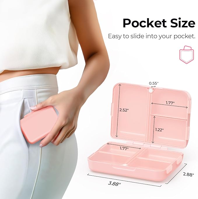 AUVON Daily Pill Organizer Fit with Your Purse or Pocket, Compact Pill Case Travel Essentials with Magnetic Folding Closure & Long-Lasting Hinges, Pill Box for Fish Oils, Supplement, Vitamins (Pink)