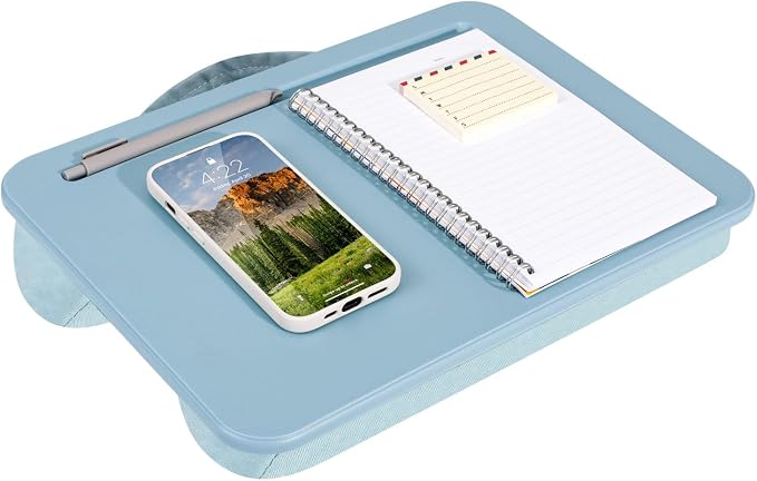 LAPGEAR Compact Lap Desk – Sky Blue, Fits 14" Laptops | Microbead Cushion, Built-In Pencil Slot, Carry Handle, Fits Standard Letter-Size Paper (8.5" × 11")