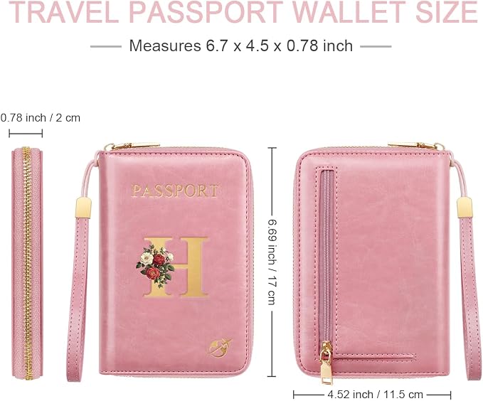 Passport Holder for Travel Personalized Wallet with Wristlet Women | All-in-One Passport Cover, RFID Blocking, Back Coin Pocket, Paper Money Slot, Zipper Closure, Roses Initial Letter, Pink H
