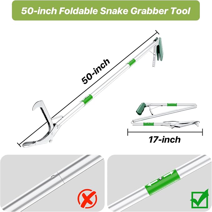 50" Foldable Grabber Reacher Tool with Green Handle, Extra Long Lightweight Trash Pickup & Litter Picker, 3-Fold Stainless-Steel Reaching Aid for Home, Office & Garden Use