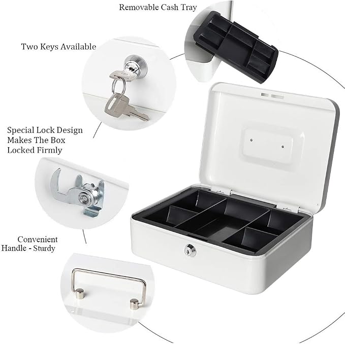 Jssmst Locking Large Metal Cash Box with Money Tray, Lock Box, White