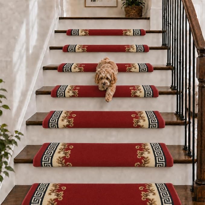 Rounded Bullnose Carpet Stair Treads for Wooden Steps Indoor, No Tape Non Slip Step Mats with TPU Backing & Steel Reinforced Edge for Dogs Elders,Red Border,2