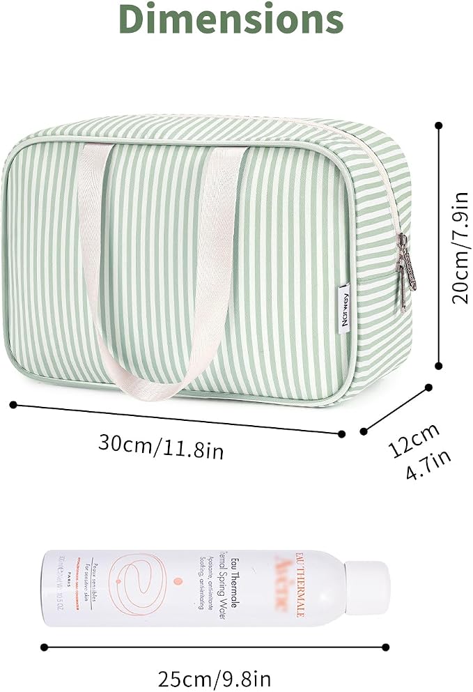 Full Size Toiletry Bag Women Large Cosmetic Bag Travel Makeup Bag Organizer Medicine Bag for Toiletries Essentials Accessories (Mint Green Stripe, Large)
