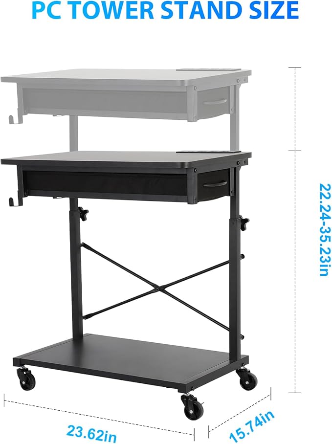 FAHKNS 2-Tier Computer Tower Stand - Computer Tower Floor Stand，PC Tower Stand with Power Outlet & Lockable Wheels，PC Holder for Office/Home/Studio/Game Room