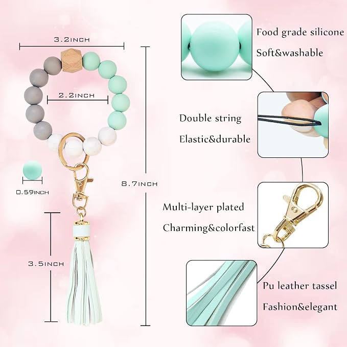 BAOSIWA Silicone Beaded Bracelet Keychain Wristlet Key Ring Bangle Chains for Women with Leather Tassel