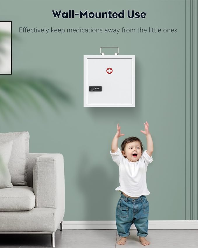Uniclife Wall Mount Medicine Cabinet with Combination Lock & Handle Locking First Aid Cabinet Lockable Medical Cabinet Medium Medicine Organizer Secure Steel Wall Cabinet Metal Storage Box, White