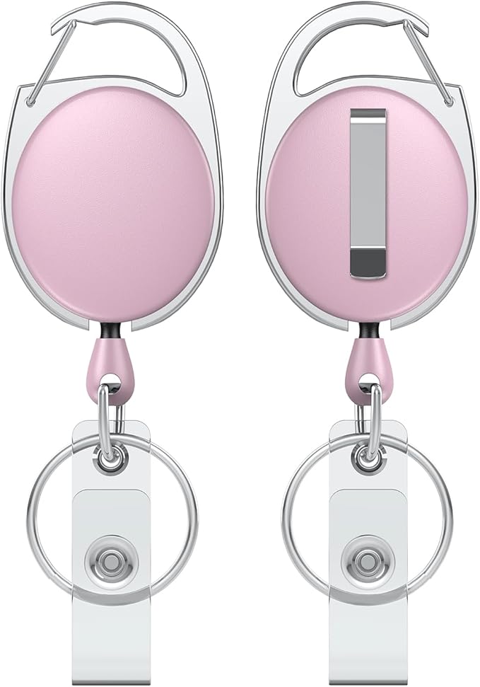 Uniclife 2 Pcs Retractable Badge Reel Keychain Clip for Badge Holder Pink | Heavy Duty, Stainless Steel Spring Coil, 24 Inch Nylon Rope, Carabiner Clip, Key Ring, Badge Holder Clip for Keys and ID Card