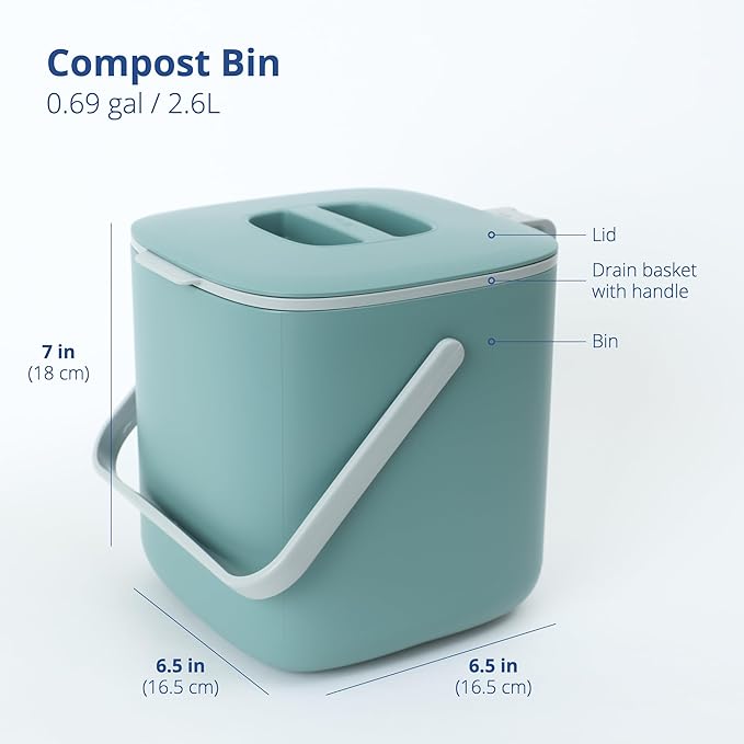 Blue Ginkgo Kitchen Compost Bin, 2.6L Countertop Compost Bin, Green | Odor-Tight. Filter-Free. Dishwasher Safe.