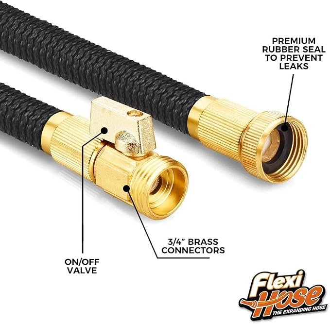 Flexi Hose Plus Expandable Garden Hose with 8 Function Nozzle, 25FT - Lightweight Retractable Garden Hose, Water Hose - No-Kink Flexibility, 3/4 Inch Solid Brass Fittings Includes Hook & Bag