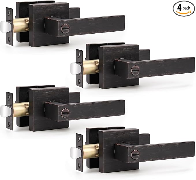 KNOBWELL 4 Pack Bronze Door Handle, Interior Door Handle Levers with Privacy Lock, Bed and Bath Door Knob with Thumb Turn, Modern Square Door Handles