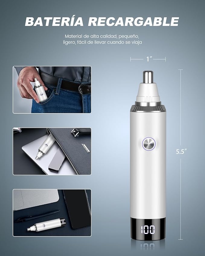 Ear and Nose Hair Trimmer for Men and Women, Painless USB Rechargeable Electric Facial & Eyebrow Hair Remover with LED Display, Dual-Edge Blades for Smooth,13000 RPM Motor IPX7 Waterproof (White)