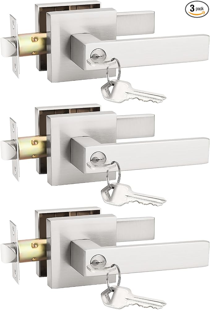 KNOBWELL 3 Pack Keyed Entry Door Handles, Brushed Nickel Door Knobs with Lock and Key Satin Door Lockset for Gate/Garage/Front Doors (Same Key)
