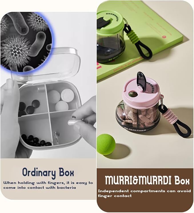 MURRI&MURRDI Portable Pill Bottle Organizer, Lovely Pill Dispenser with 4 Compartments, Travel Pill Organizer with Anti-Mixing & Wide Openings Design, Small Pill Container Cute Pill Bottle (B Green)