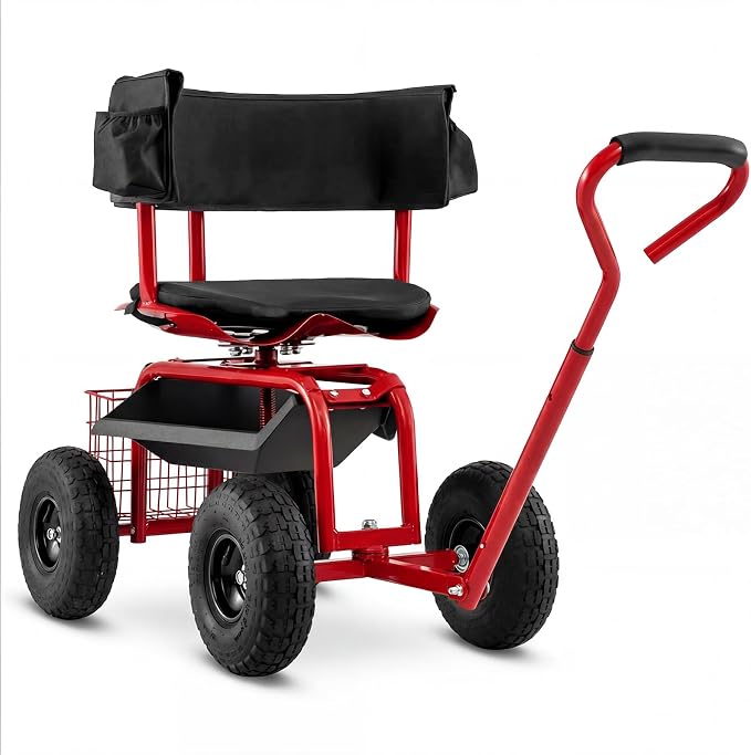 Goplus Garden Seat with Wheels, Rolling Gardening Stool with Adjustable 360° Swivel Seat, Tool Tray & Storage Basket, Extendable Handle, Outdoor Gardening Scooter, Garden Cart Workseat for Seniors