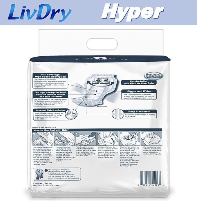 LivDry High Absorbency Pad Insert for Incontinence Briefs and Adult Diapers, Women and Men, Hyper 2400 (18 Count)
