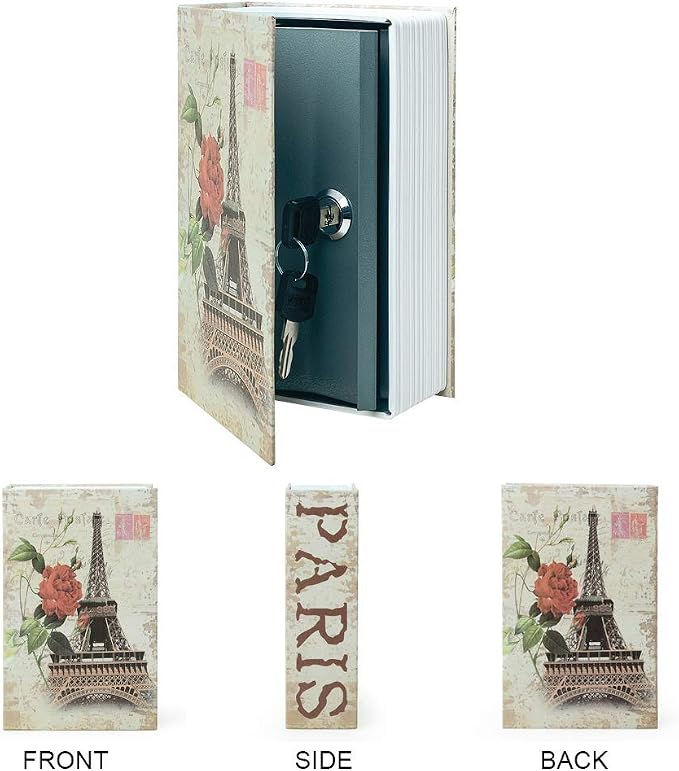Small Sized Diversion Book Safe Storage Box, Dictionary Secret Safe Can with Security Combination Lock/Key, Diversion Book Hidden Safe (Key, Paris)