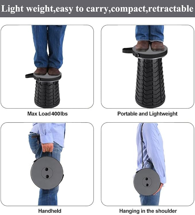 Fishboy Upgraded Collapsible Stool, 400lbs Max Weight, Lightweight But Sturdy, Portable Retractable Folding Telescoping Foldable Camping Stool for Adults Outdoor Fishing Hiking Gardening Travel BBQ