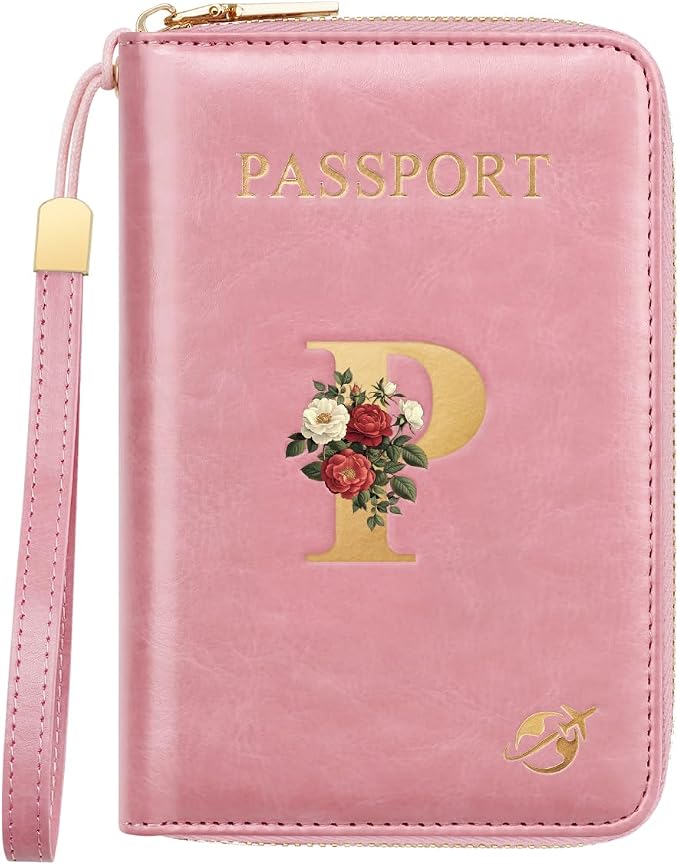 Passport Holder for Travel Personalized Wallet with Wristlet Women | All-in-One Passport Cover, RFID Blocking, Back Coin Pocket, Paper Money Slot, Zipper Closure, Roses Initial Letter, Pink P