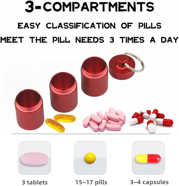 Waterproof Keychain Pill Holder - 3-Compartment, Wine Red | Anodized aluminum with a keyring. 3 detachable layers. Pocket-sized, rustproof EDC pill container